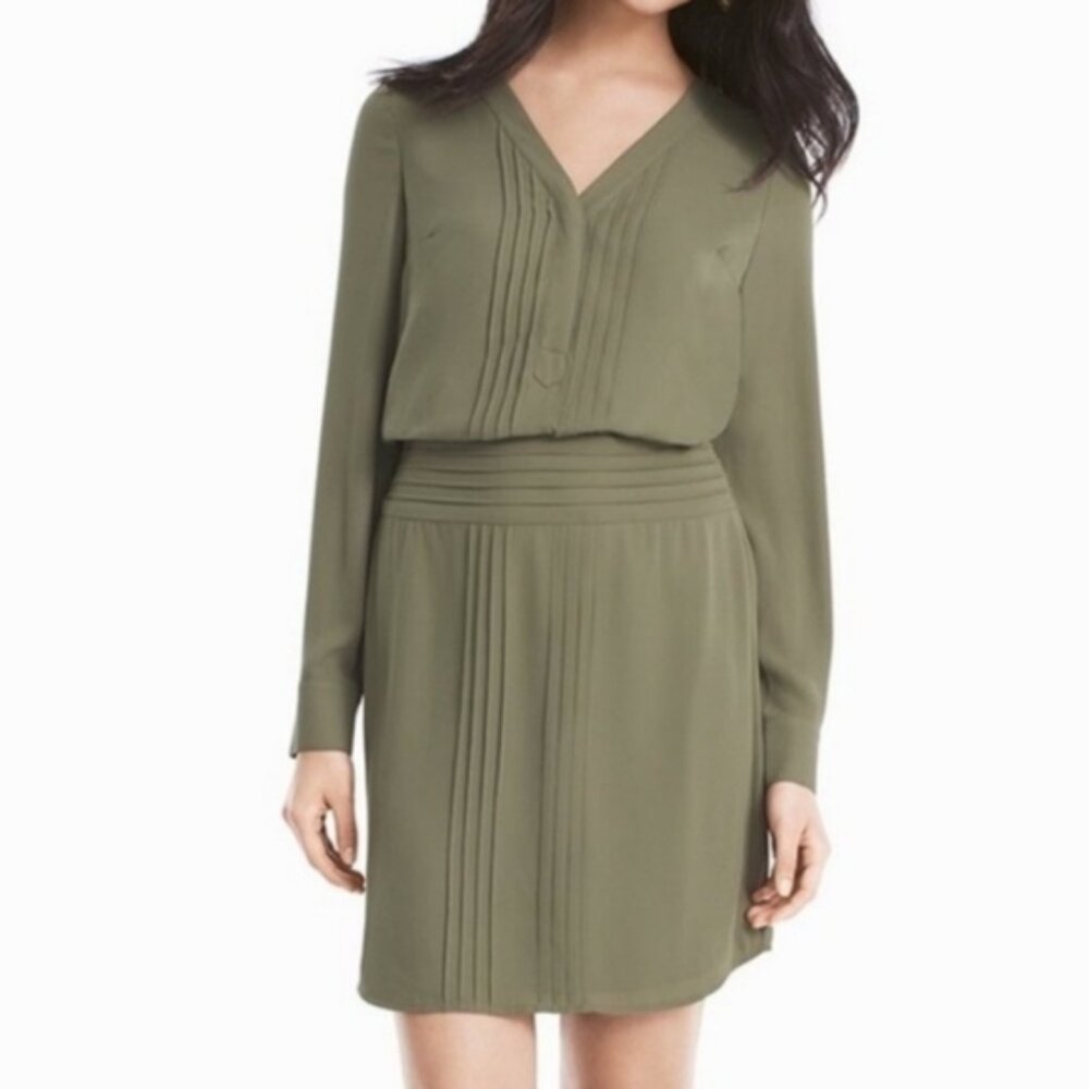 Pleated Olive Green V-Neck Long Sleeve Dress